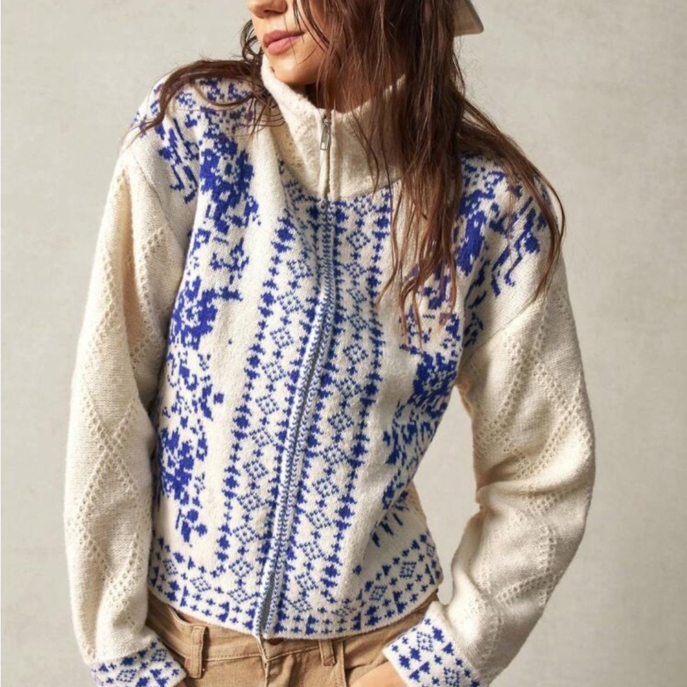 Boho Comfy Print Zip up Knit Sweater Cardigan - Picture 4 of 6
